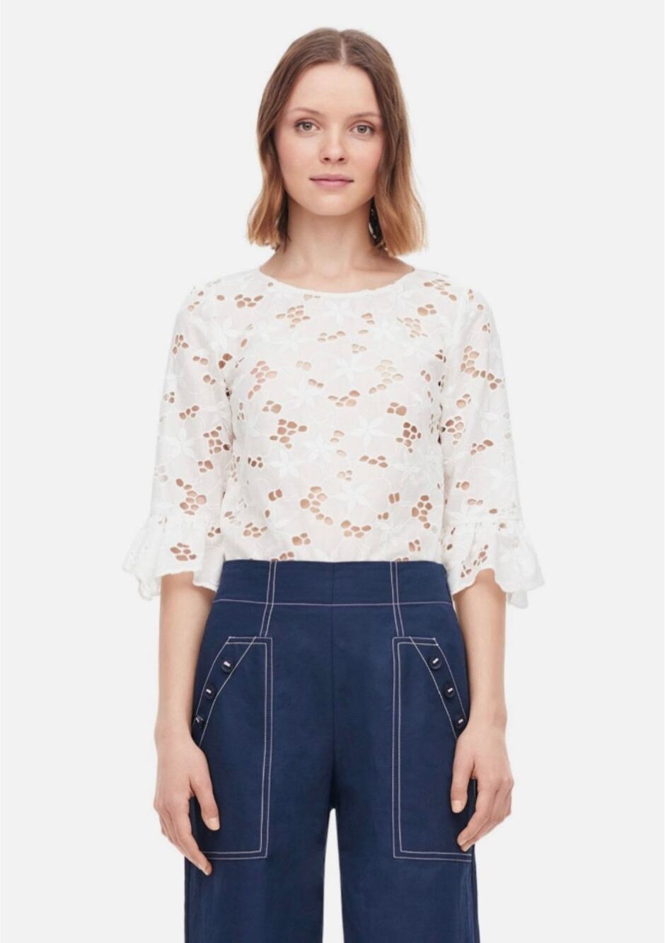 Rebecca Taylor Adriana Floral Eyelet Ruffle Sleeve Sheer Pullover Blouse White 2